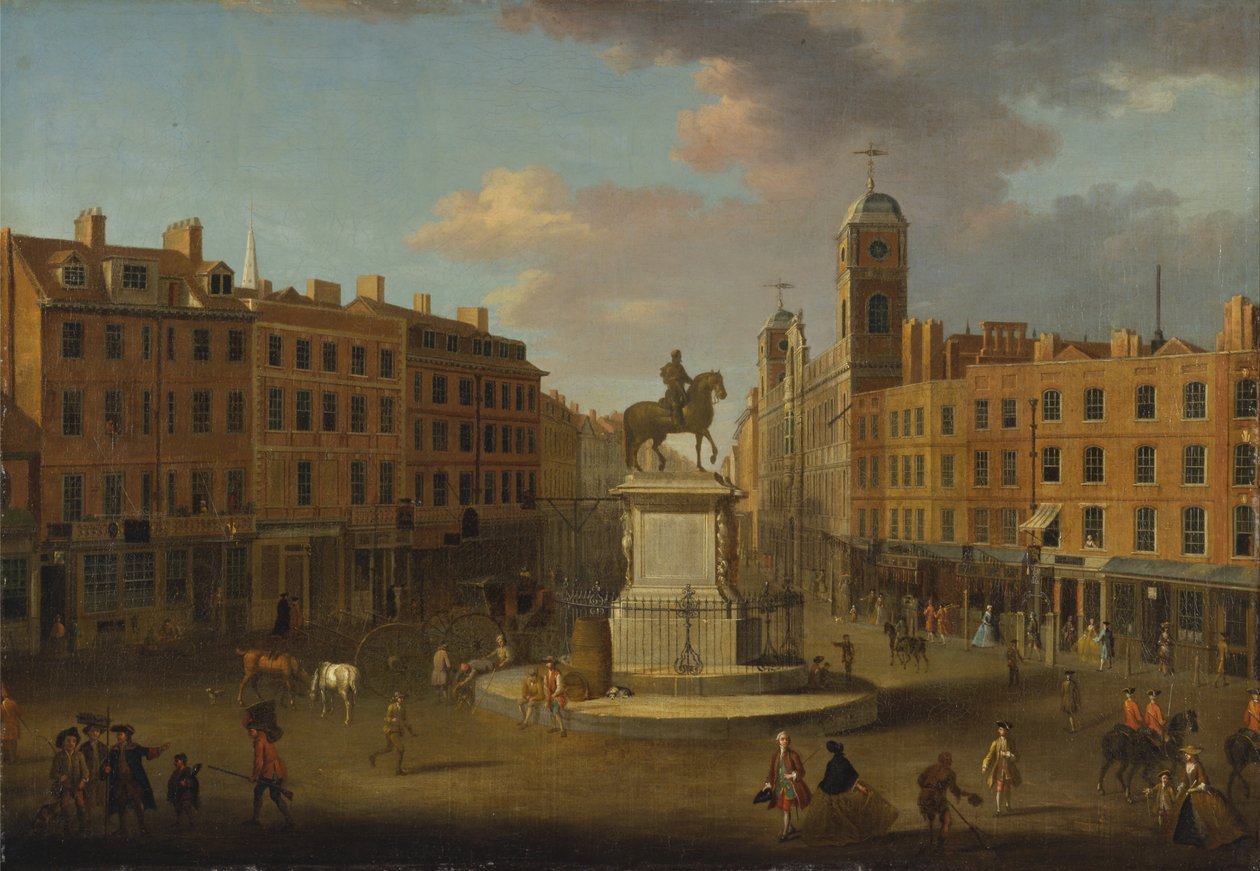 Charing Cross, med statuen av kong Charles I og Northumberland House av Joseph Nickolls