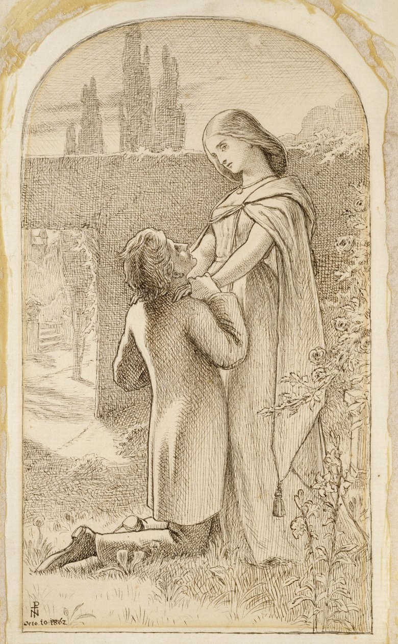 Two Lovers in a starlit Garden, 1862 (penn og mørkebrunt blekk på lagt papir) av Joseph Noel Paton