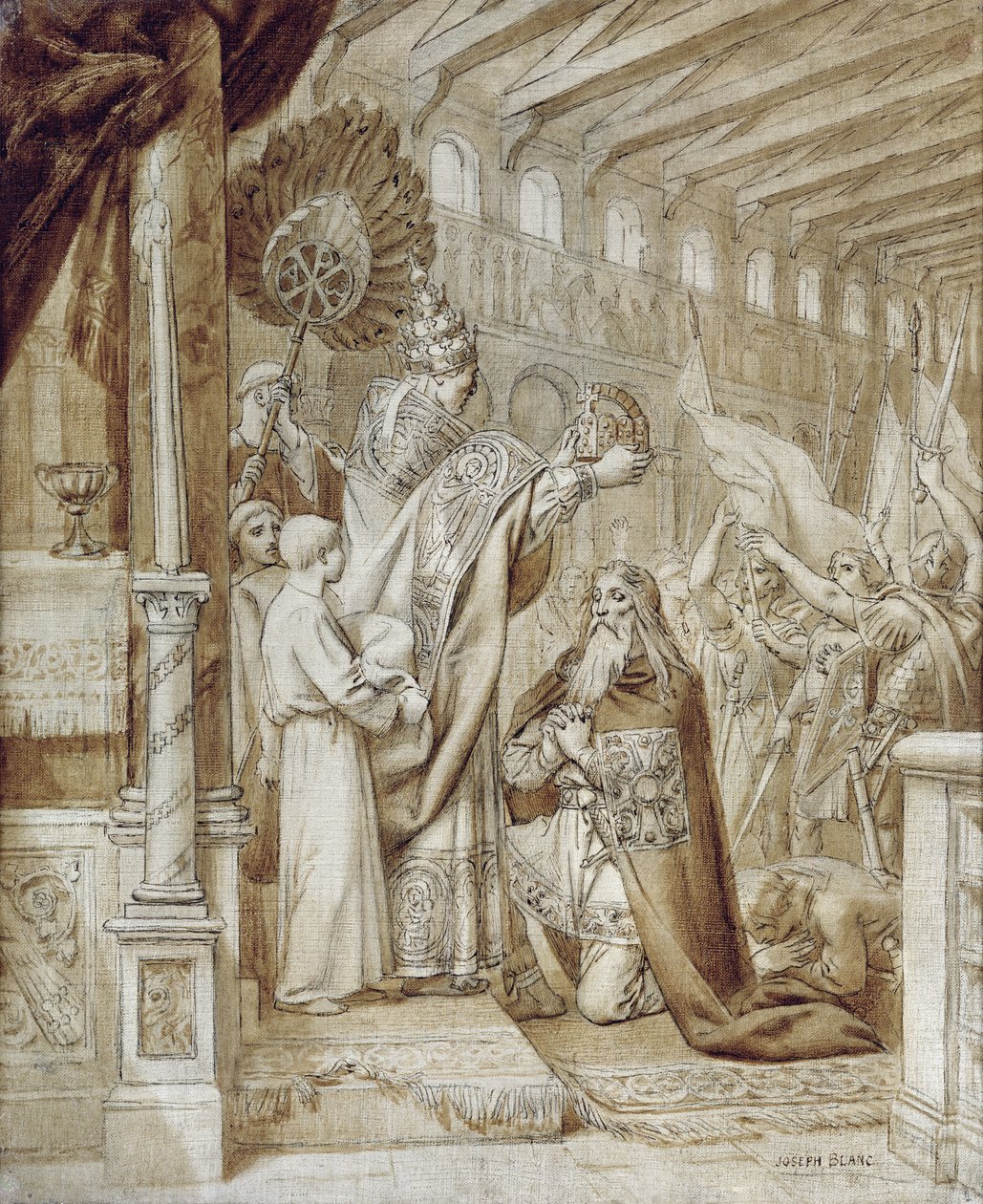 Kroning av Charlemagne (742-814) (penn og blekk på lerret) av Joseph Paul Blanc