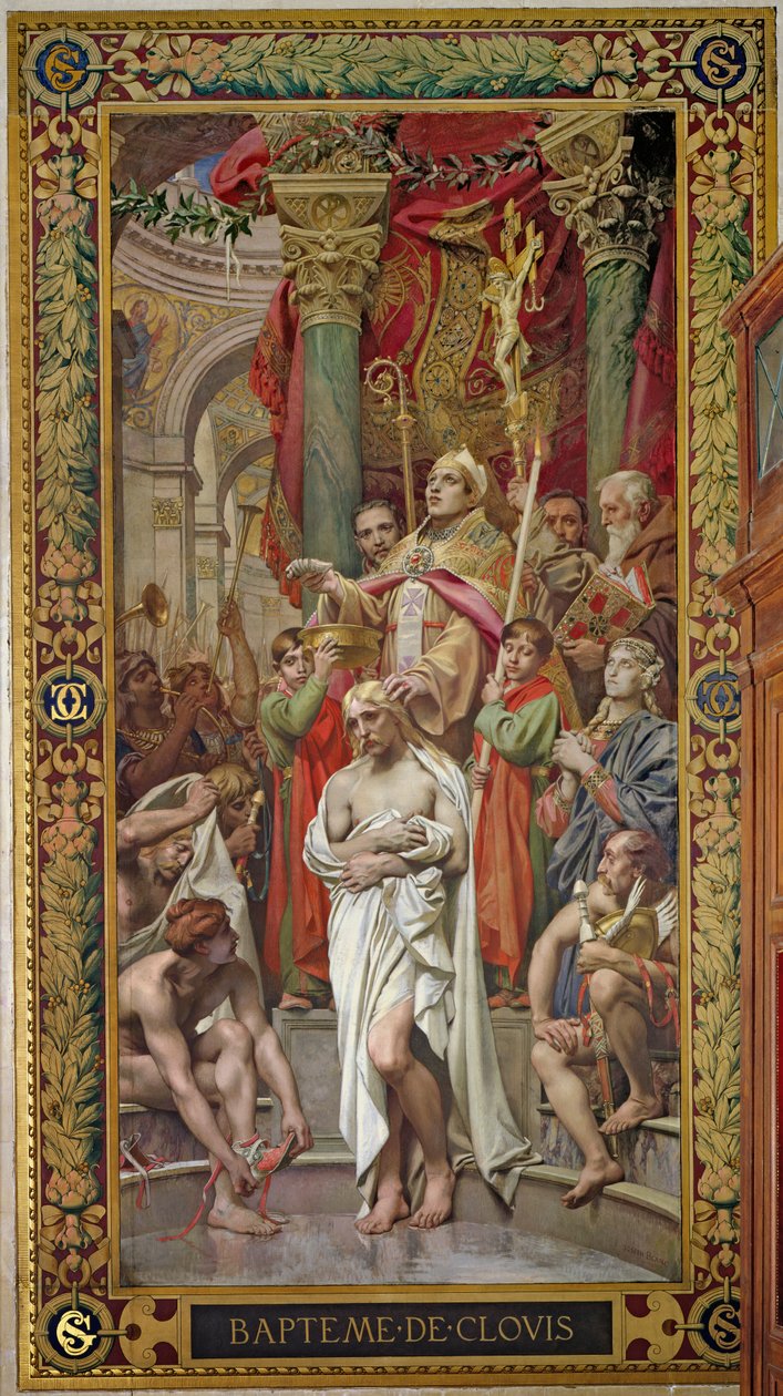 Dåpen til Clovis I (465-511) i 496 f.Kr., fra høyre tverrarm (veggmaleri) av Joseph Paul Blanc