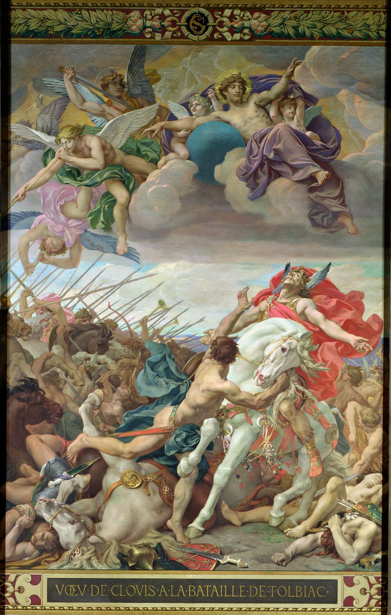 The Vow of Clovis (465-511) i slaget ved Tolbiac i 506, fra høyre tverrarm (veggmaleri) av Joseph Paul Blanc