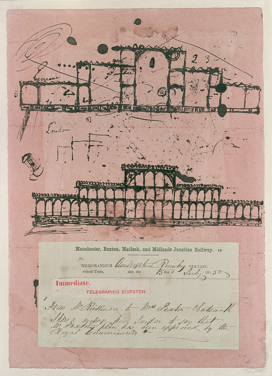 Stor utstilling, 1851: første skisse for bygningen, 1850 (blekk på flekkepapir) av Joseph Paxton
