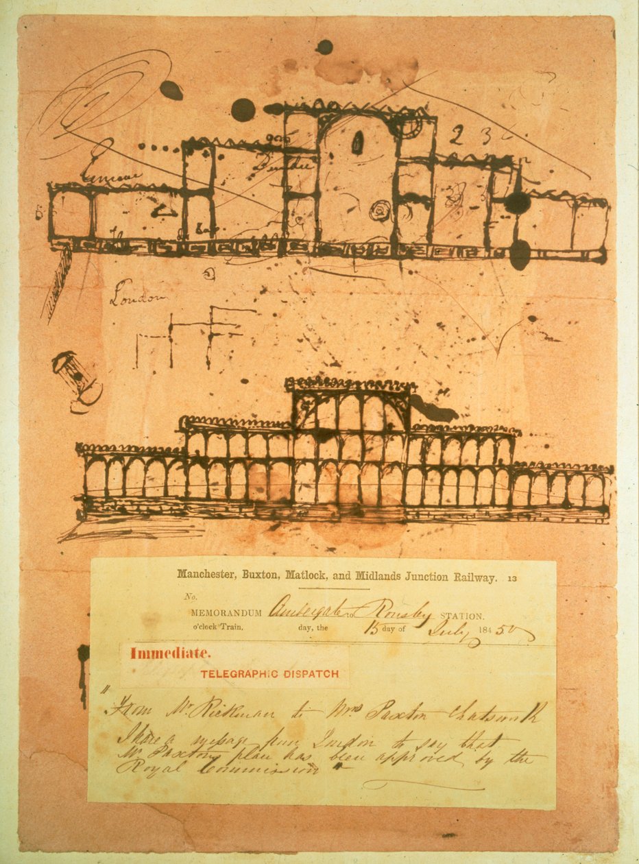 Skisse for Crystal Palace, bygget for den store utstillingen i 1851, 1850 (blekk på flekkepapir) av Joseph Paxton