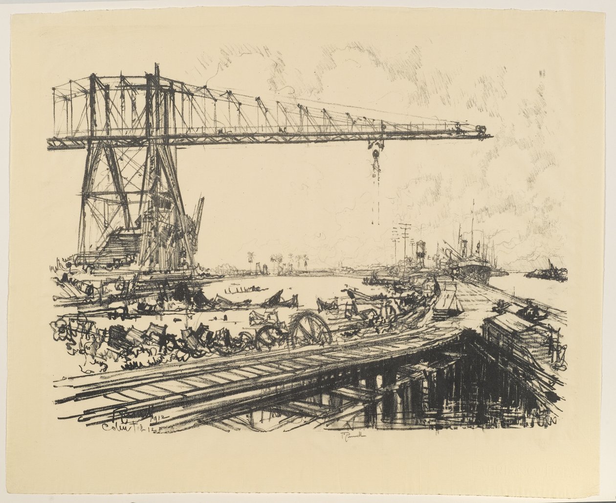 Panama - French Canal and American Cranes, 1912 (litho på papir) av Joseph Pennell