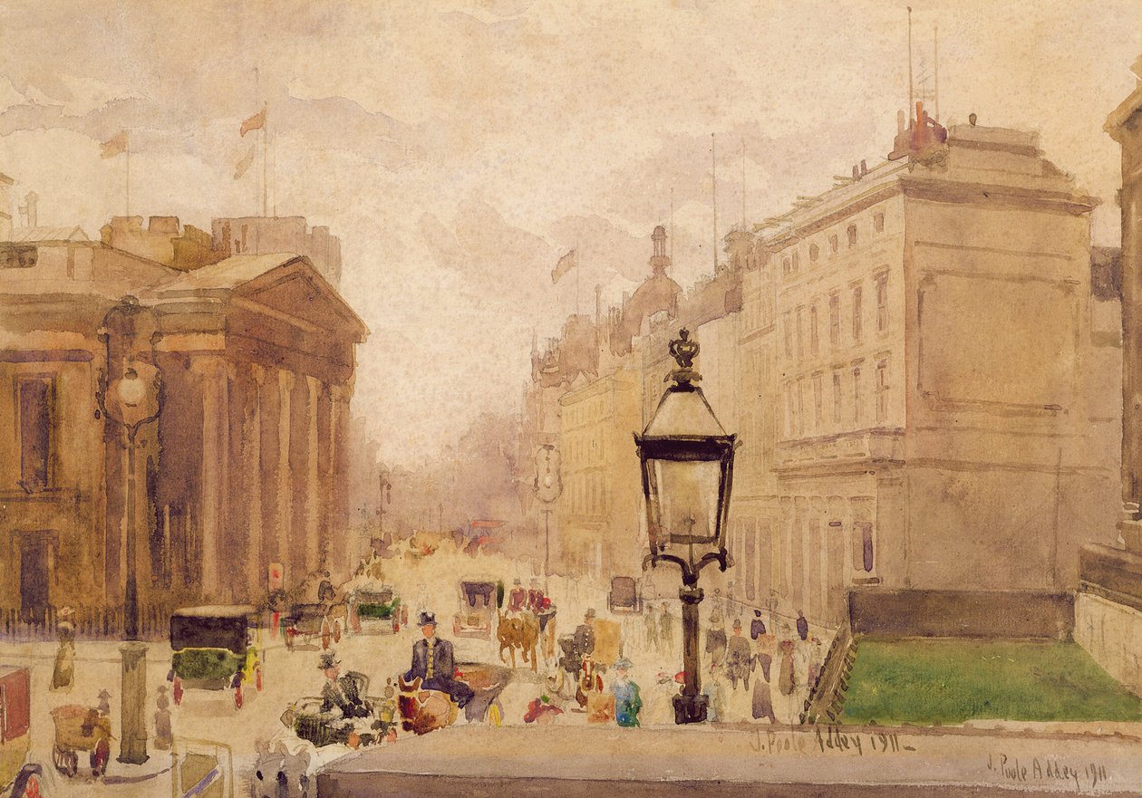 Pall Mall fra National Gallery, med utsikt over Royal College of Physicians, 1911 (wc over blyant på papir) av Joseph Poole Addey