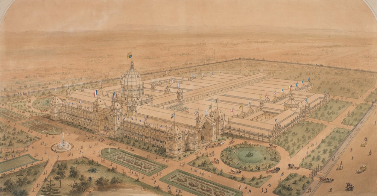 Utstillingsbygningen Melbourne 1880, fra Sørøst viser hovedhallen av Joseph Reed