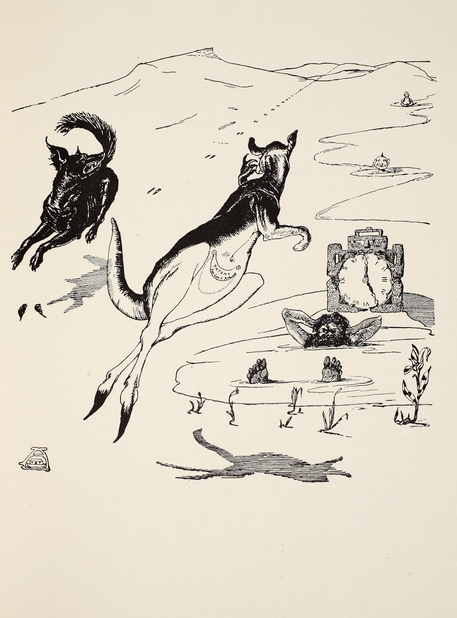 Old Man Kangaroo klokken fem om ettermiddagen, illustrasjon fra "Just So Stories for Little Children" av Rudyard Kipling, pub. London, 1951 av Joseph Rudyard Kipling