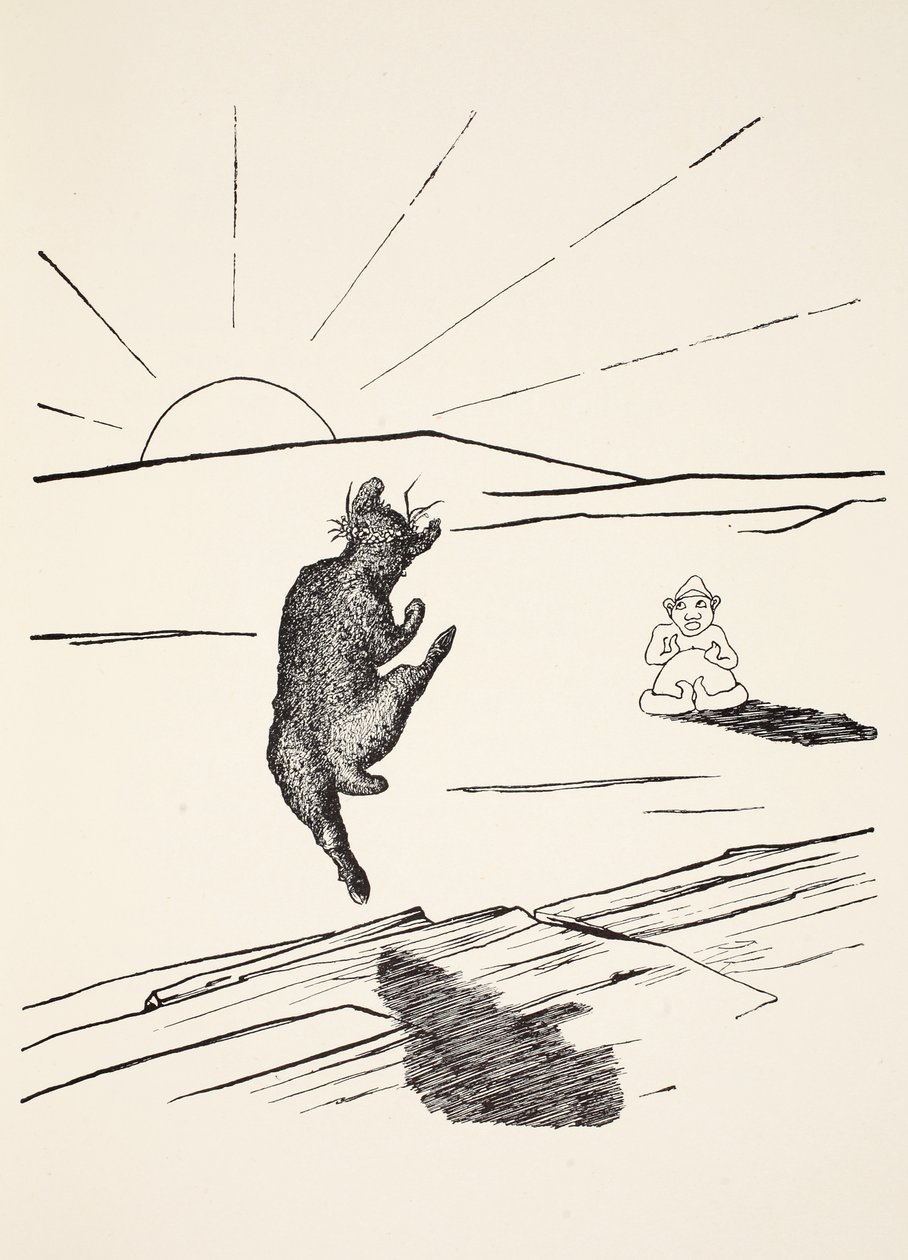 Old Man Kangaroo da han var det annerledes dyret med fire korte ben, illustrasjon fra "Just So Stories for Little Children" av Rudyard Kipling, pub. London, 1951 av Joseph Rudyard Kipling