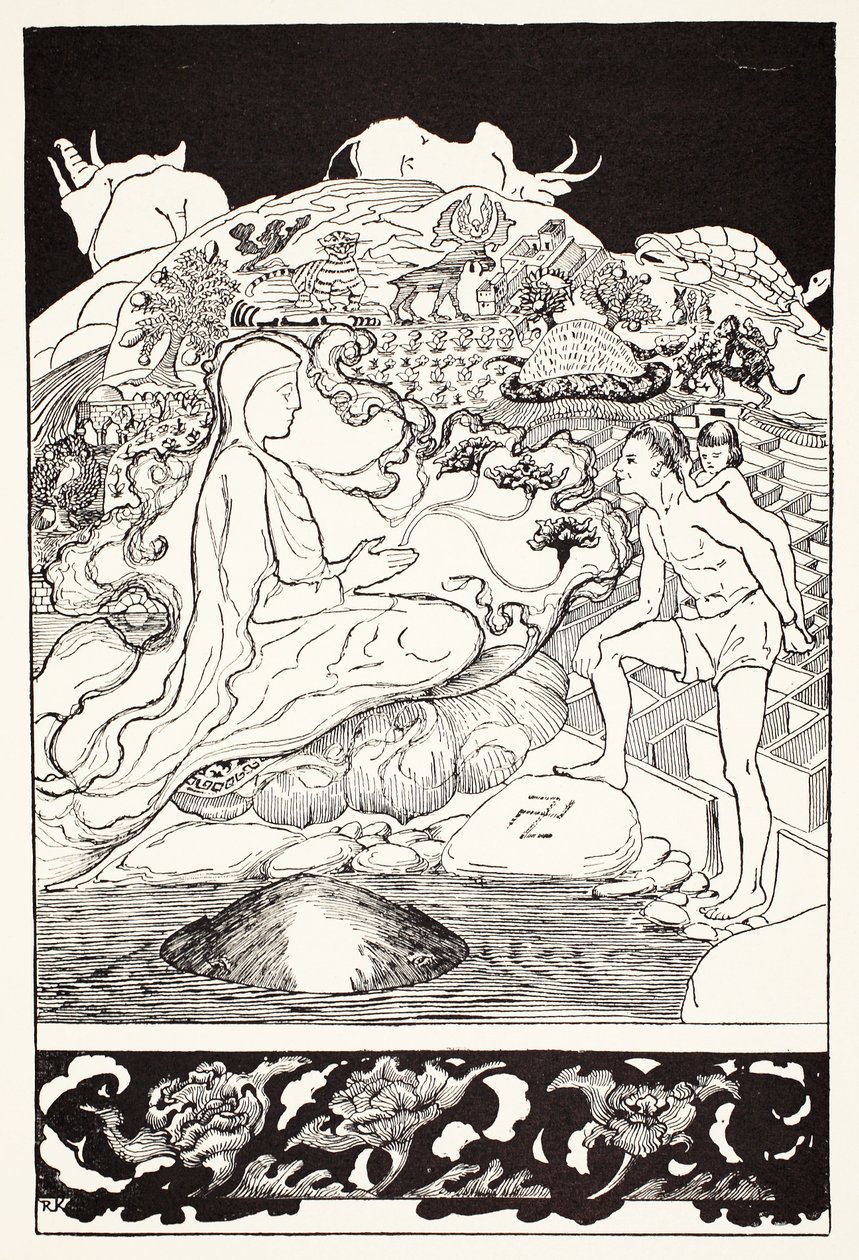 Krabben Pau Amma løp bort mens den eldste tryllekunstneren snakket med mannen og datteren hans, illustrasjon fra "Just So Stories for Little Children" av Rudyard Kipling, pub. London, 1 av Joseph Rudyard Kipling
