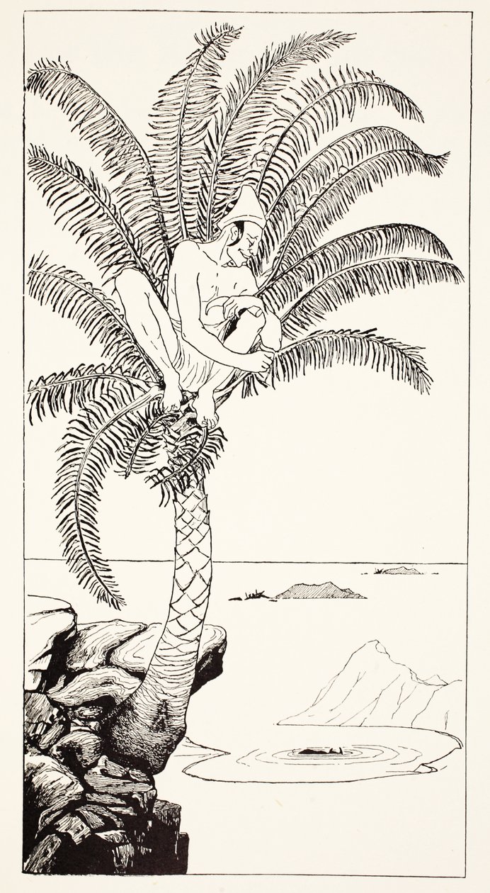 Pestonjee Bomanjee sitter i palmetreet og ser på at neshornstorkene bader, illustrasjon fra "Just So Stories for Little Children" av Rudyard Kipling, pub. London, 1951 av Joseph Rudyard Kipling