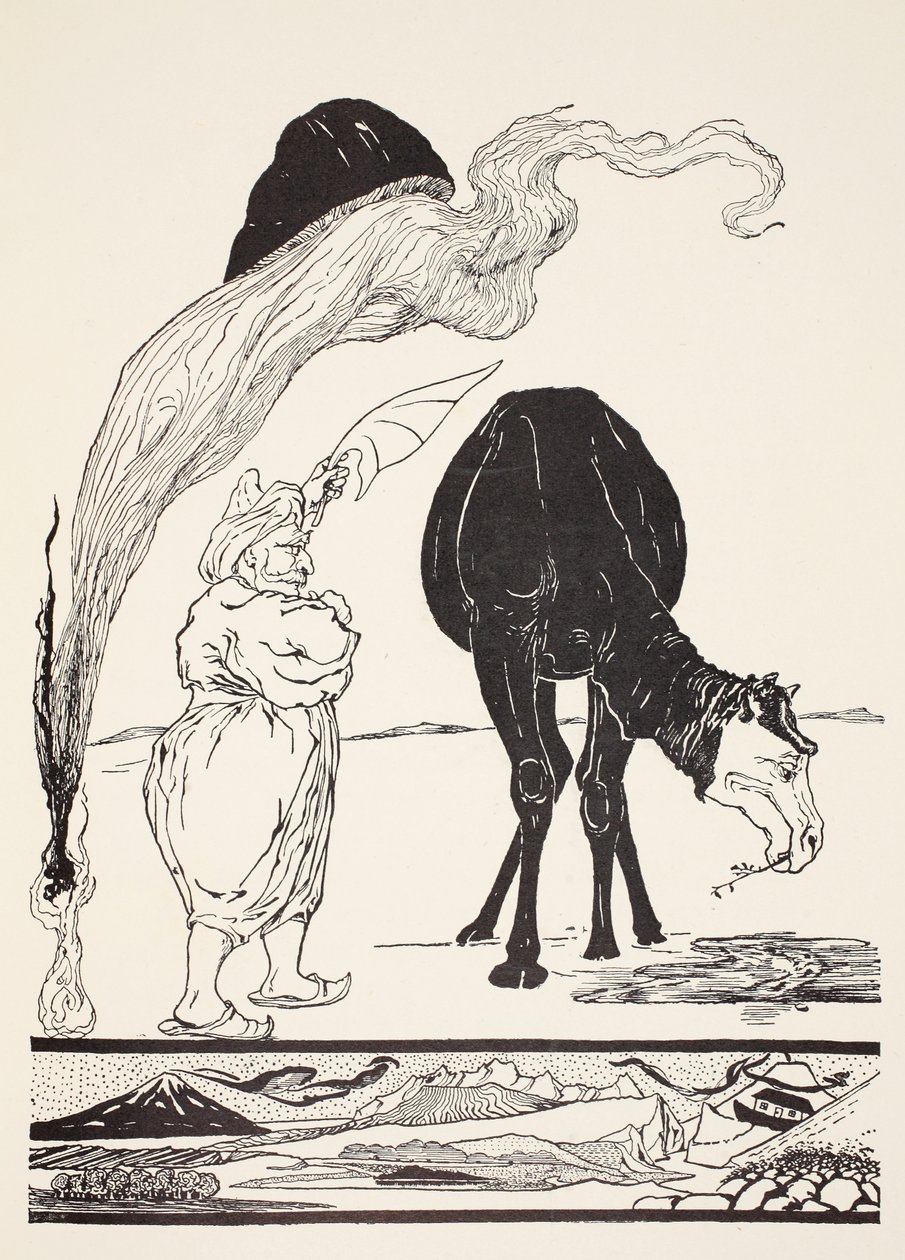 Djinnen som er ansvarlig for All Deserts som veileder magien med sin magiske fan, illustrasjon fra "Just So Stories for Little Children" av Rudyard Kipling, pub. London, 1951 av Joseph Rudyard Kipling