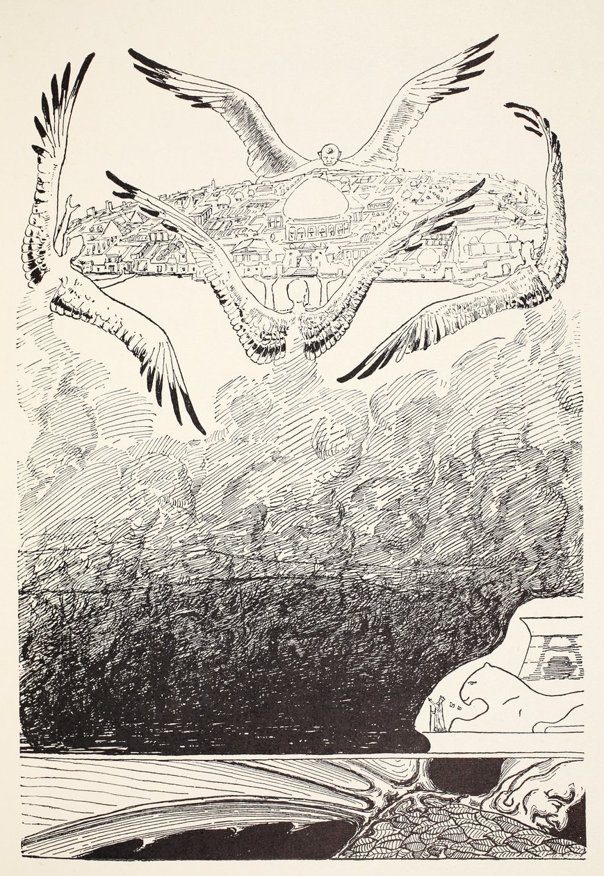 De fire måkevingede djinnene løfter opp Suleiman-bin-Daouds palass i minuttet etter at sommerfuglen hadde stemplet, illustrasjon fra "Just So Stories for Little Children" av Rudyard Kipling, pub. Lon av Joseph Rudyard Kipling