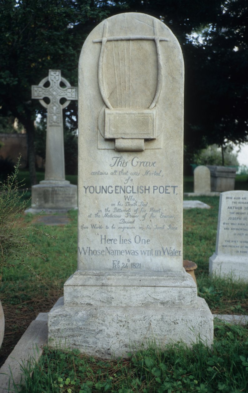 Gravstein reist for Keats på den protestantiske kirkegården, Roma, datert 24. februar 1821 av Joseph Severn