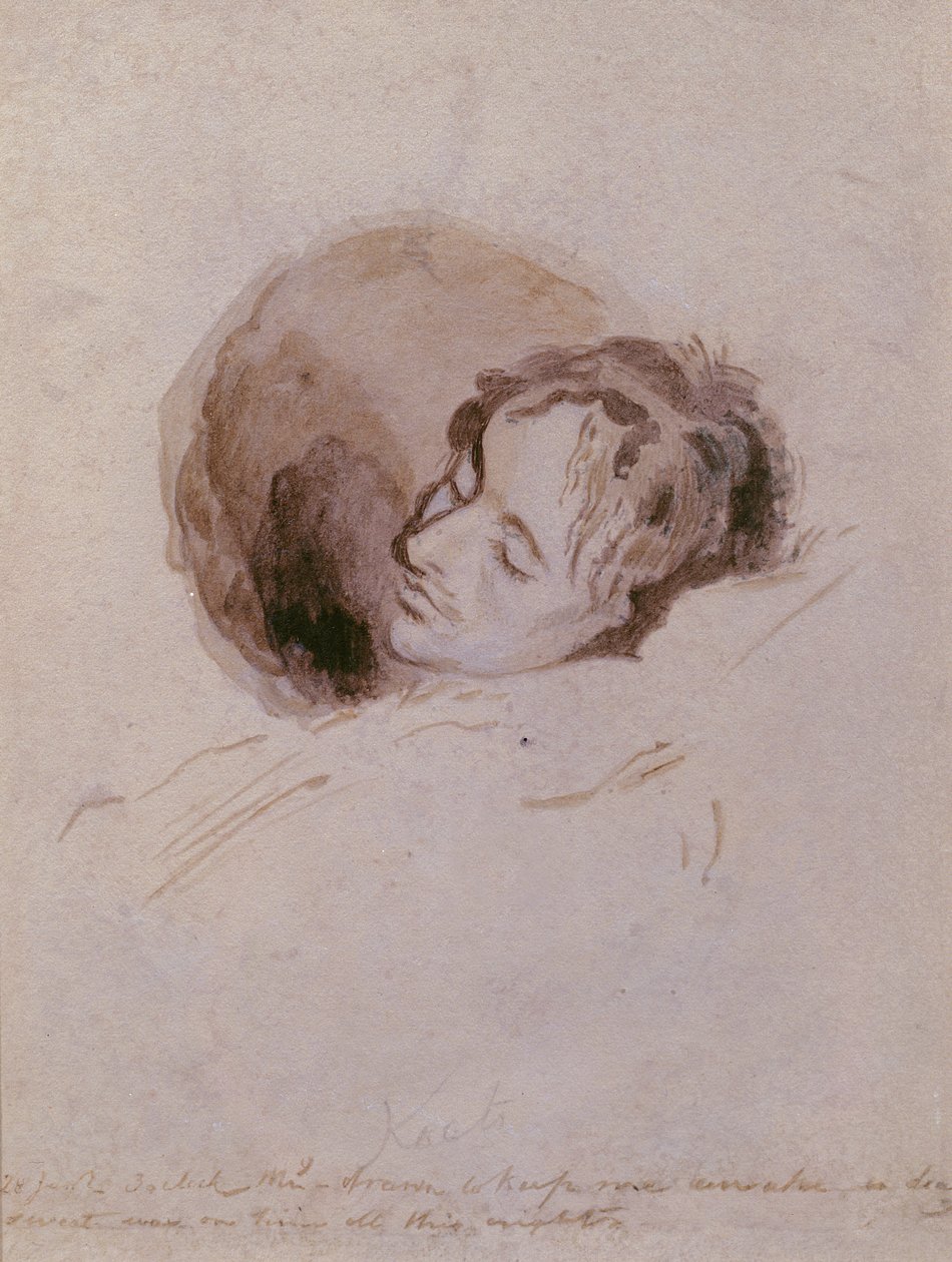 Keats on his Death Bed, 1821 (blekkvask på papir) av Joseph Severn