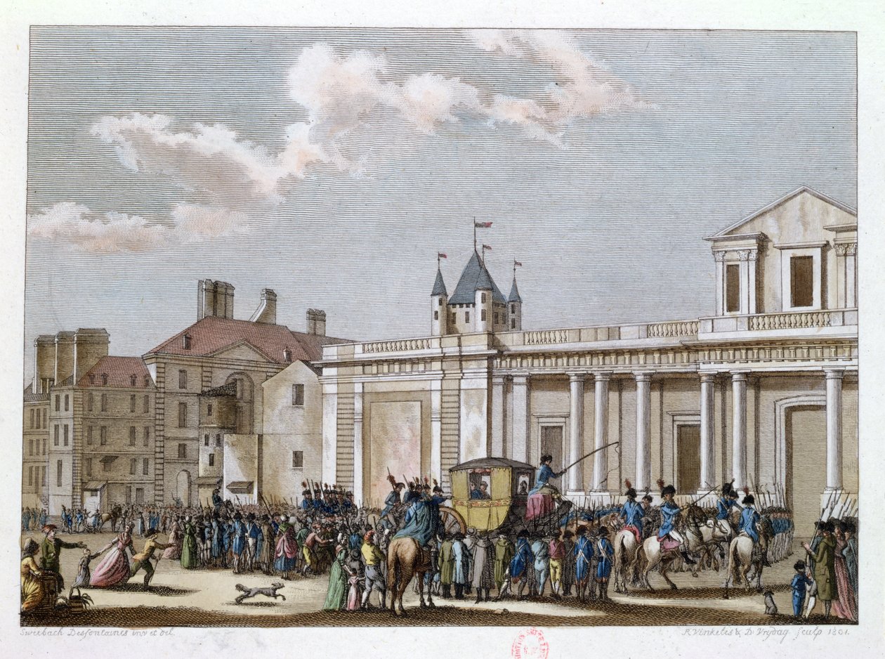 Louis XVI (1754-93) og hans familie tatt til tempelet, 13. august 1792, gravert av Reinier Vinkeles (1741-1816) og Daniel Vrydag (1765-1822) 1801 av Joseph Swebach Desfontaines