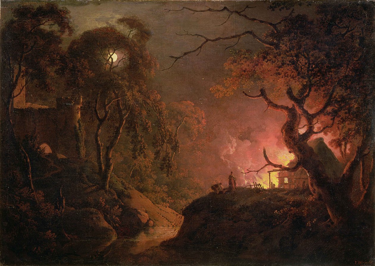 En hytte i brann om natten, ca. 1785-93 av Joseph Wright of Derby
