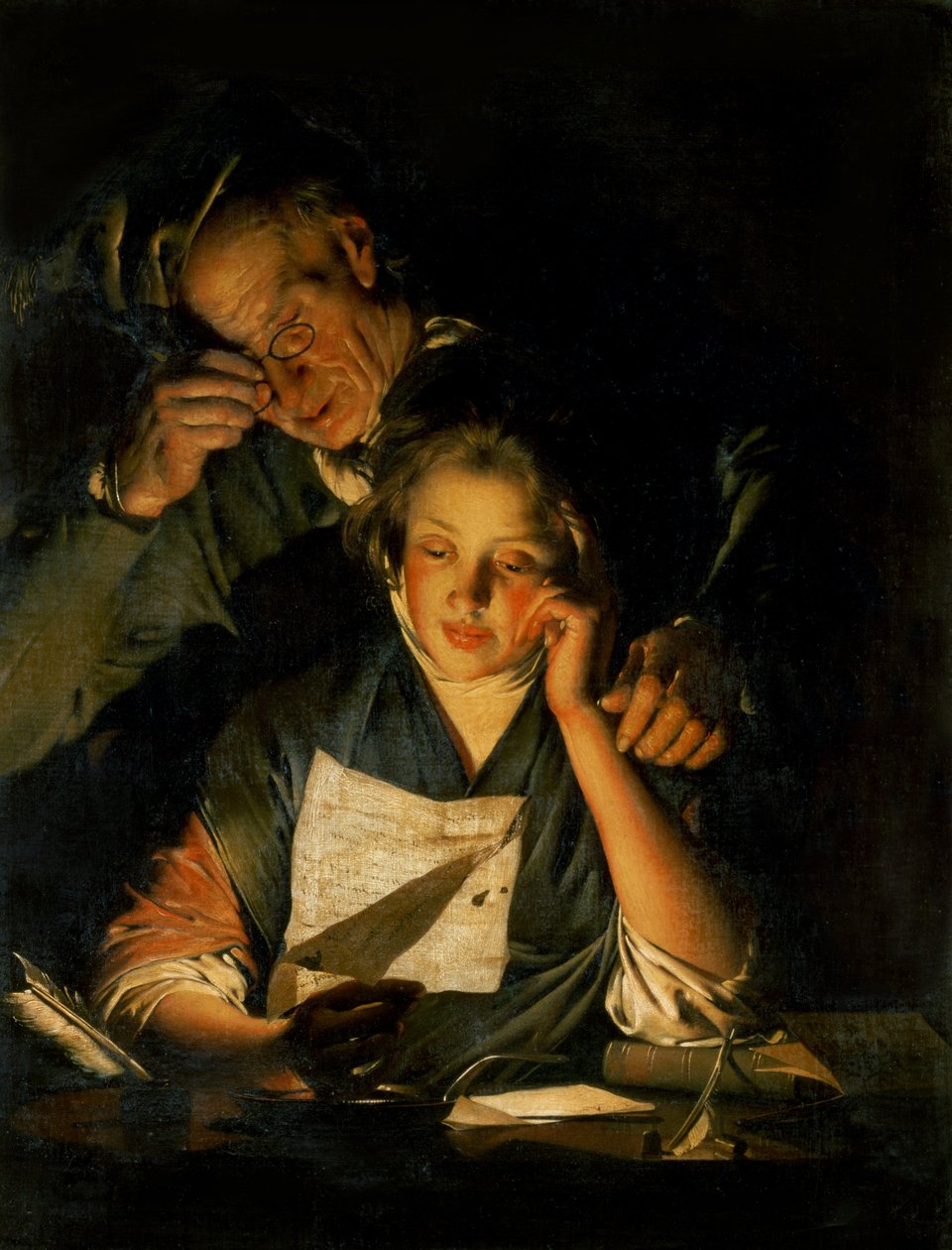 En jente som leser et brev, med en gammel mann som leser over skulderen hennes, ca. 1767-70 av Joseph Wright of Derby