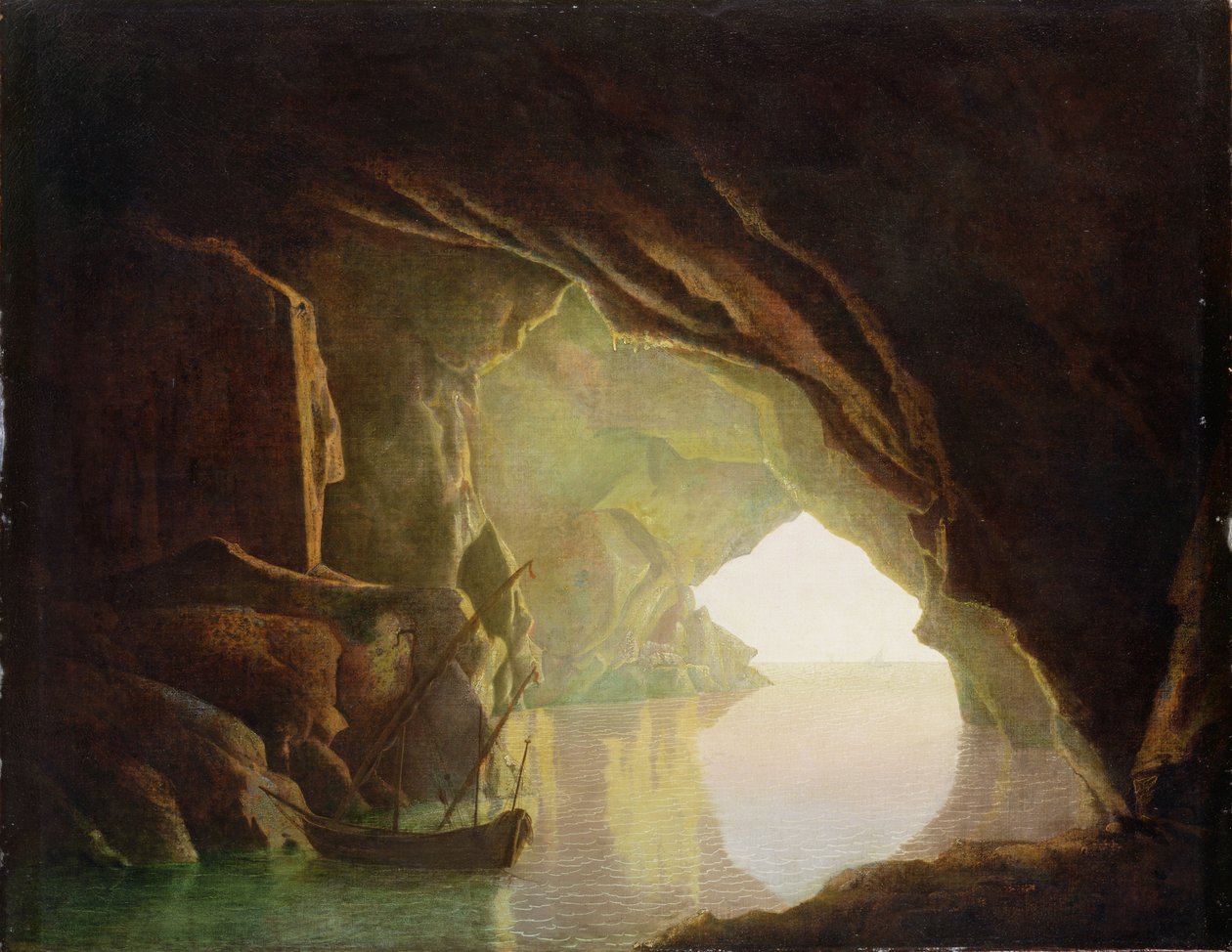 En grotte i Salernobukten, solnedgang, ca. 1780-1 av Joseph Wright of Derby