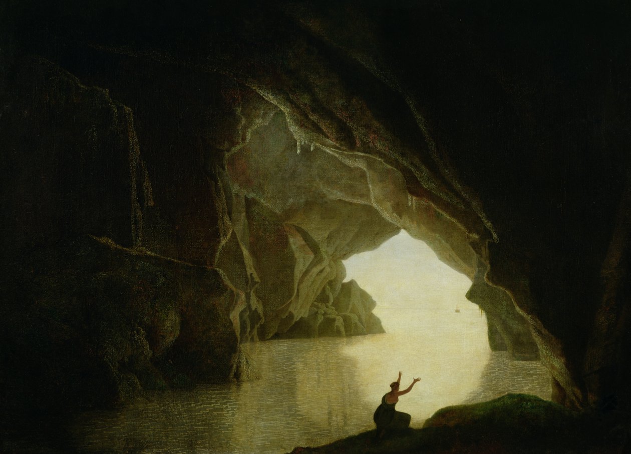 En grotte i Salernumbukten, med Julia-skikkelsen, forvist fra Roma, exh. 1780 (par med 72365) av Joseph Wright of Derby