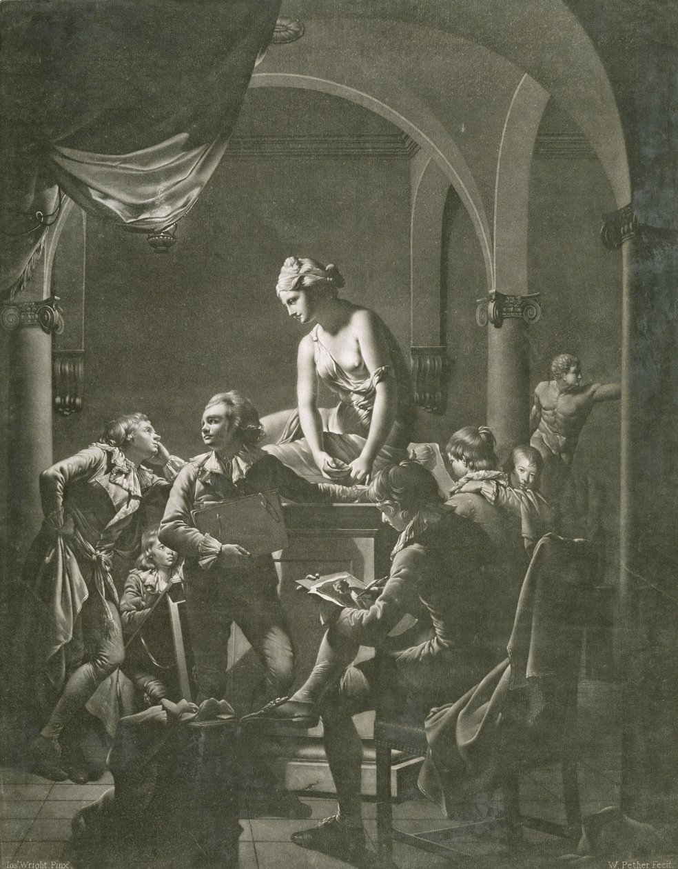 Drawing Academy, gravert av William Pether (ca. 1738-1821) ca. 1772 (mezzotint) av Joseph Wright of Derby