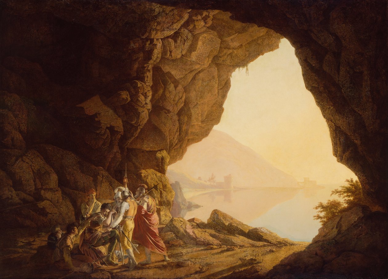 Grotte ved sjøen i kongeriket Napoli med Banditti, Sunset av Joseph Wright of Derby