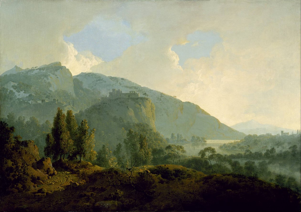 Italiensk landskap med fjell og en elv av Joseph Wright of Derby