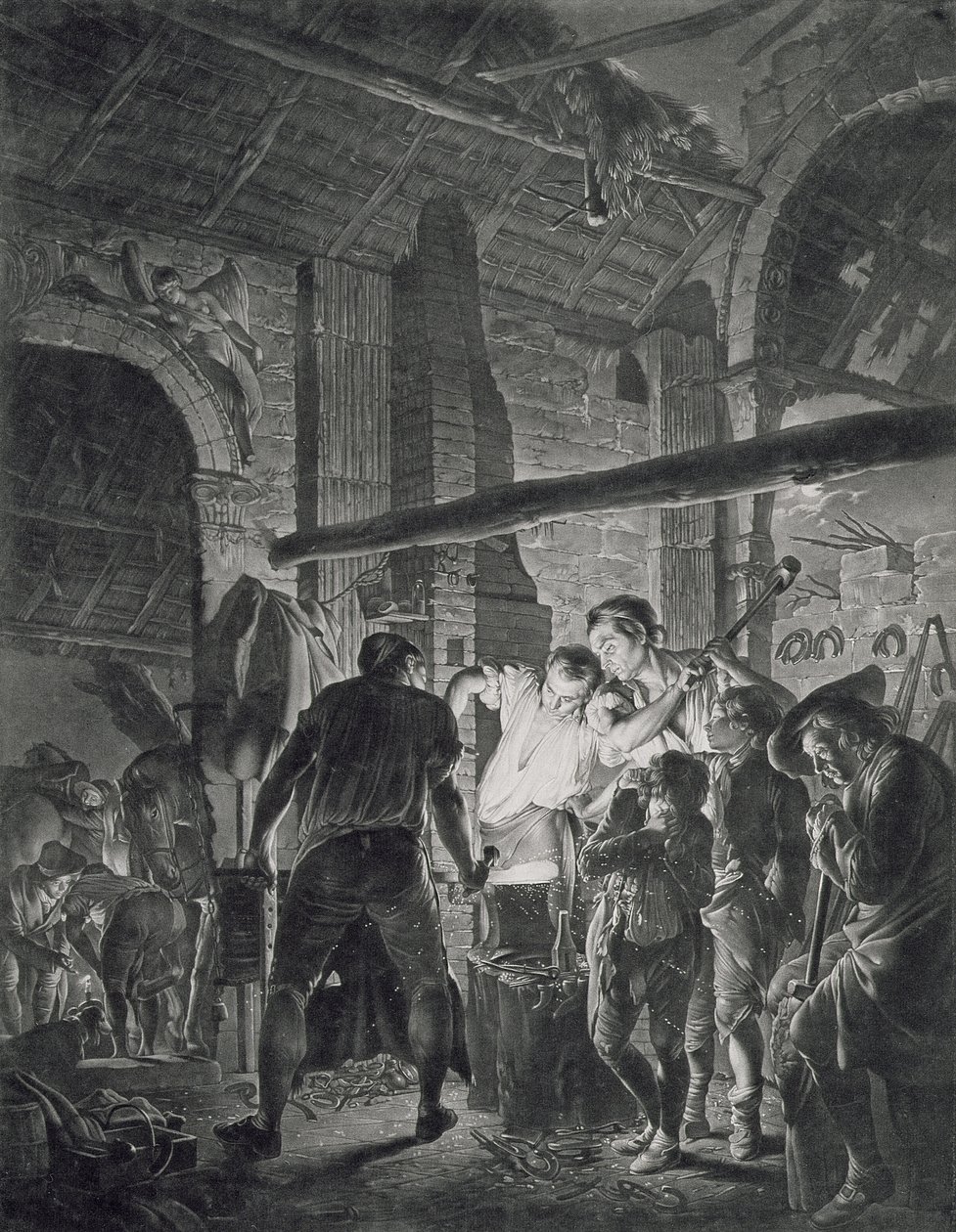 The Blacksmith's Shop, gravert av Richard Earlom (1743-1822), 1771 (mezzotint) av Joseph Wright of Derby