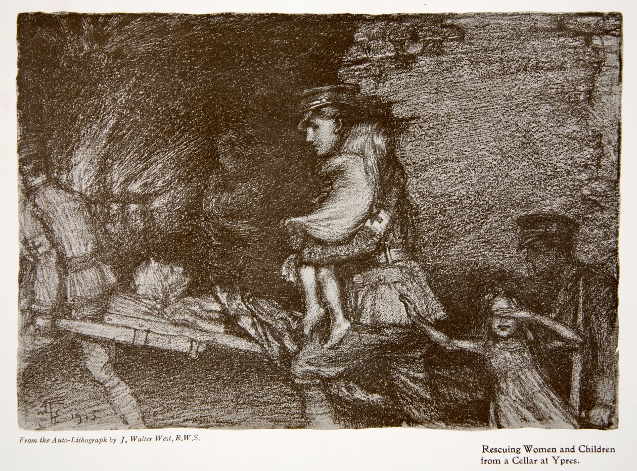 Redde kvinner og barn fra en kjeller i Ypres, fra 'Året 1915: en oversikt over bemerkelsesverdige prestasjoner og begivenheter', 1915 av Joseph Walter West