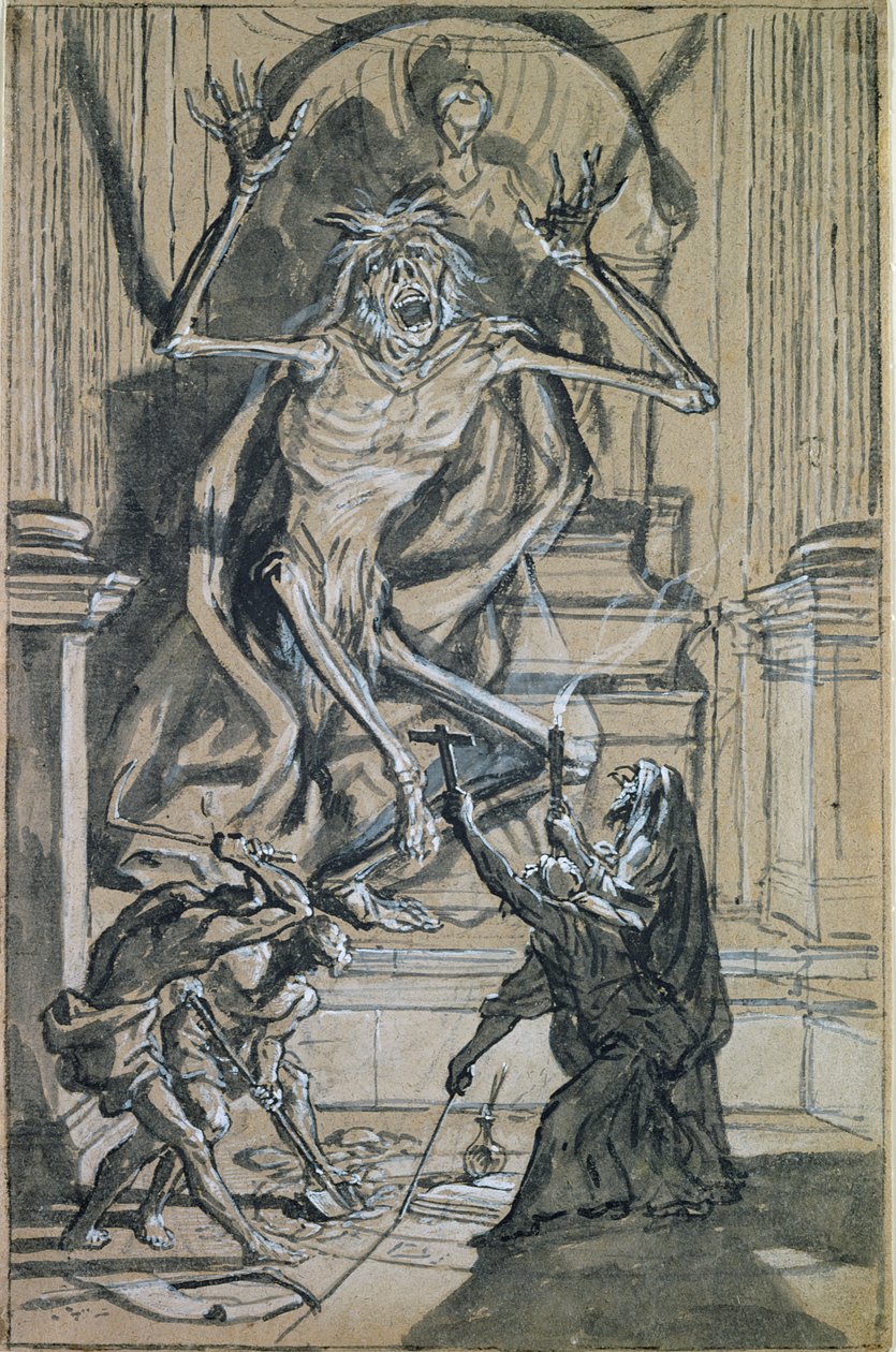 Fire gravrøvere vekker et spøkelse (penn og indisk blekk og vask på papir) av Joseph Werner