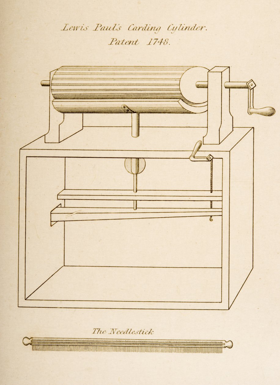 Tegning av Lewis Pauls kardesylinder, patentert i 1748, ca. 1830 (litografi) av Joseph Wilson Lowry