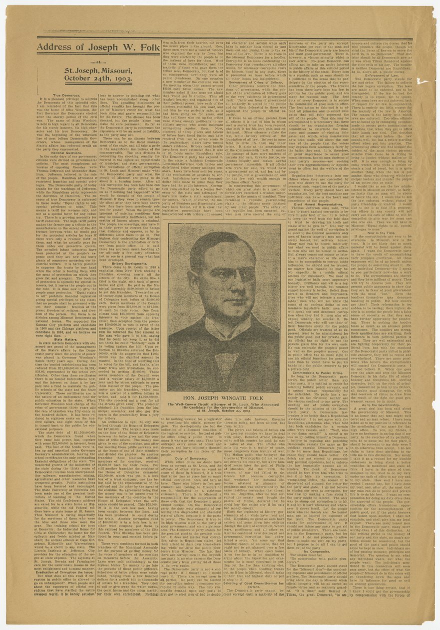 Adresse til Joseph W. Folk, St. Joseph, Mo., kandidat for regjeringen i Missouri, 24. oktober 1903 av Joseph Wingate Folk