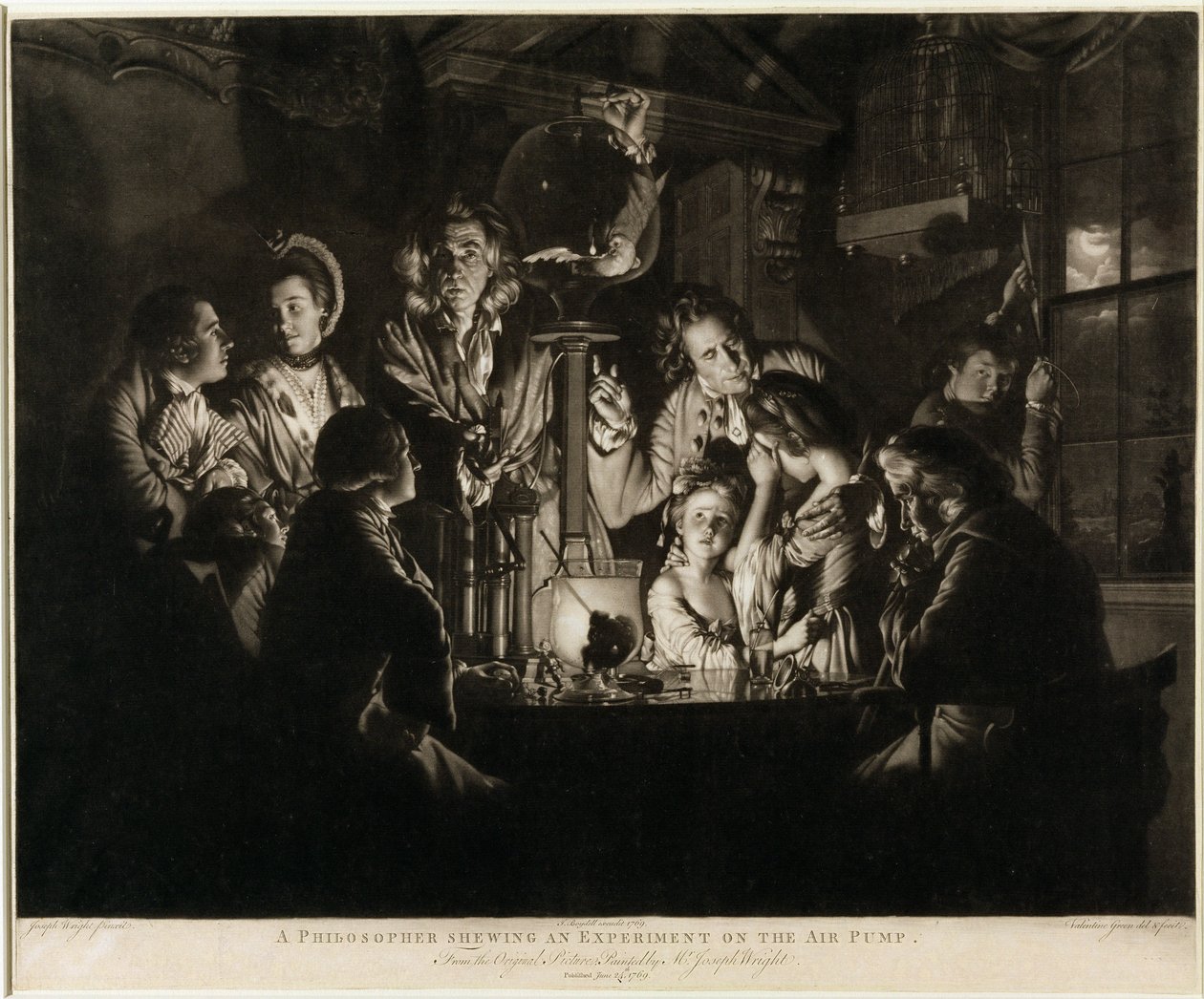 En filosof som viser et eksperiment på luftpumpen, gravert av Valentine Green (1739-1813) 1769 (mezzotint, ripete bokstavbevis) av Joseph Wright of Derby