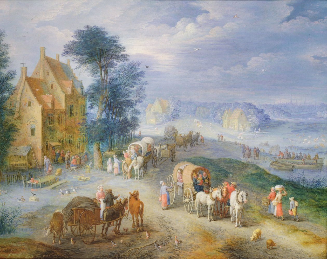 Landskap med bønder, vogner og en ferge (olje på kobber) av Joseph van Bredael
