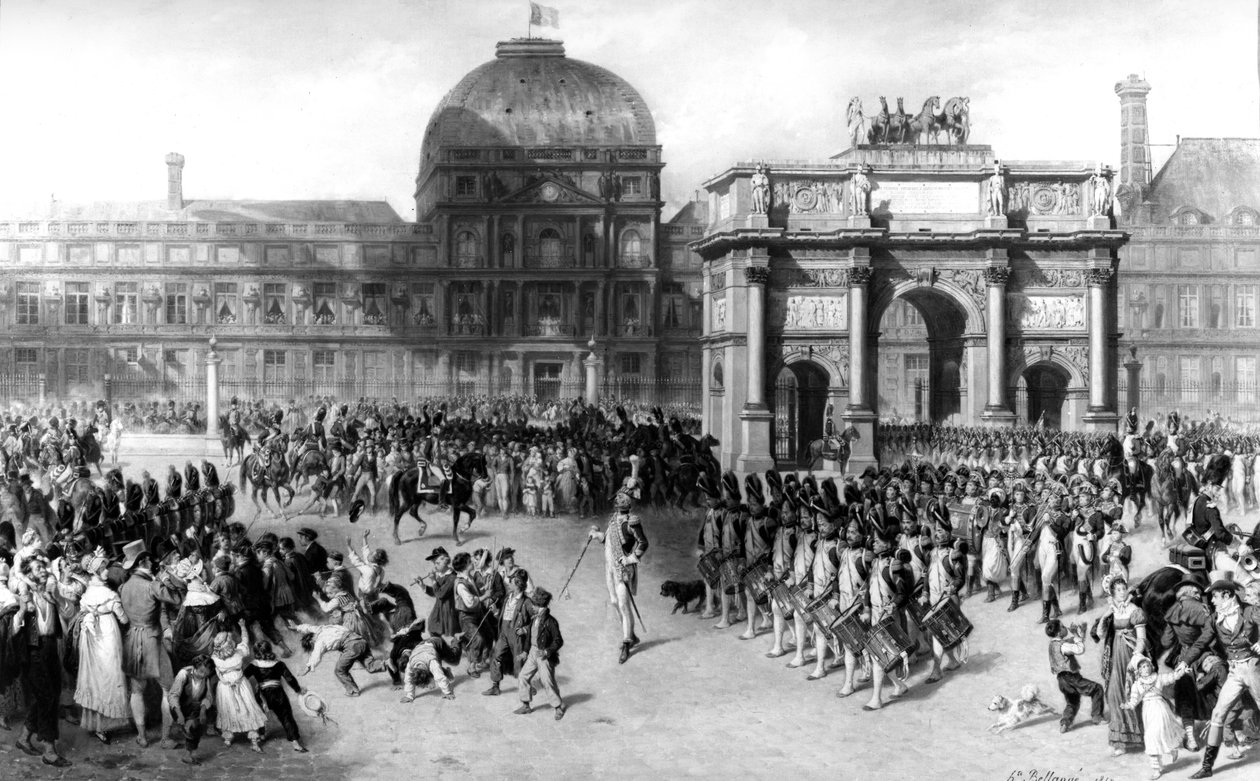 Skildring av en militær gjennomgang under det første franske imperiet i 1810, foran Tuileriene. 1862 (olje på lerret) av Joseph Louis Hippolyte Bellange