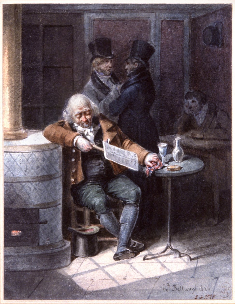 Gammel mann leser avis på en kafé, Paris av Joseph Louis Hippolyte Bellange