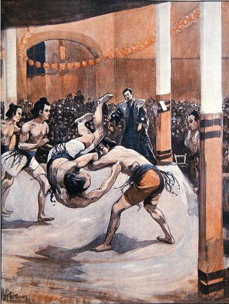 Tradisjonell japansk bryting: Sumobrytere som viser kunsten sin på den japanske utstillingen i London i 1910 (farge litho) av Joseph (after) Finnemore