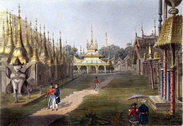Scene på terrassen til den store Dagon-pagoden ved Rangoon ser mot nord, plate 5 fra 