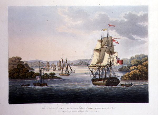 Havnen i Port Cornwallis. Island of Great Andaman, med flåten under veiing for Rangoon, gravert av G. Hunt, pub. av Kingsbury & Co., London av Joseph (after) Moore
