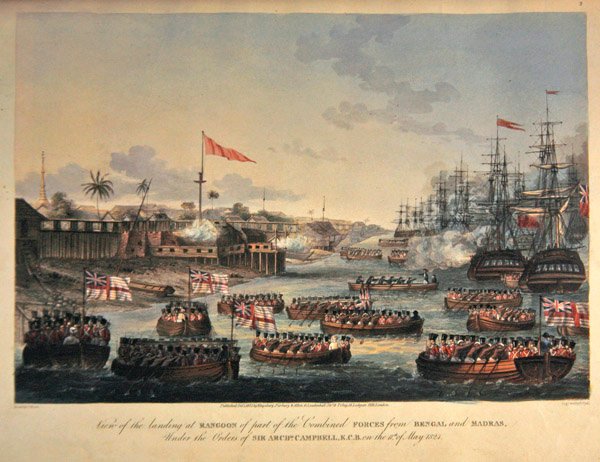 Utsikt over landingen ved Rangoon av en del av de kombinerte styrkene fra Bengal og Madras, under ordre fra Sir Archibald Campbell, den 11. mai 1825, gravert av Henry Pyall (1795-1833) 1825 (håndfarget akvatint) av Joseph (after) Moore