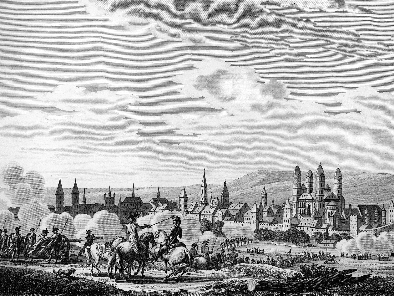 Fransk revolusjon og prøyssisk antirevolusjonær bevegelse: Erobringen av byen Speyer (tyske Speyer) i oktober 1792, Tyskland. Gravering av Berthaut etter Swebach. Paris, bibliotek ved Institutt for revolusjonshistorie av Joseph (after) Swebach Desfontaines