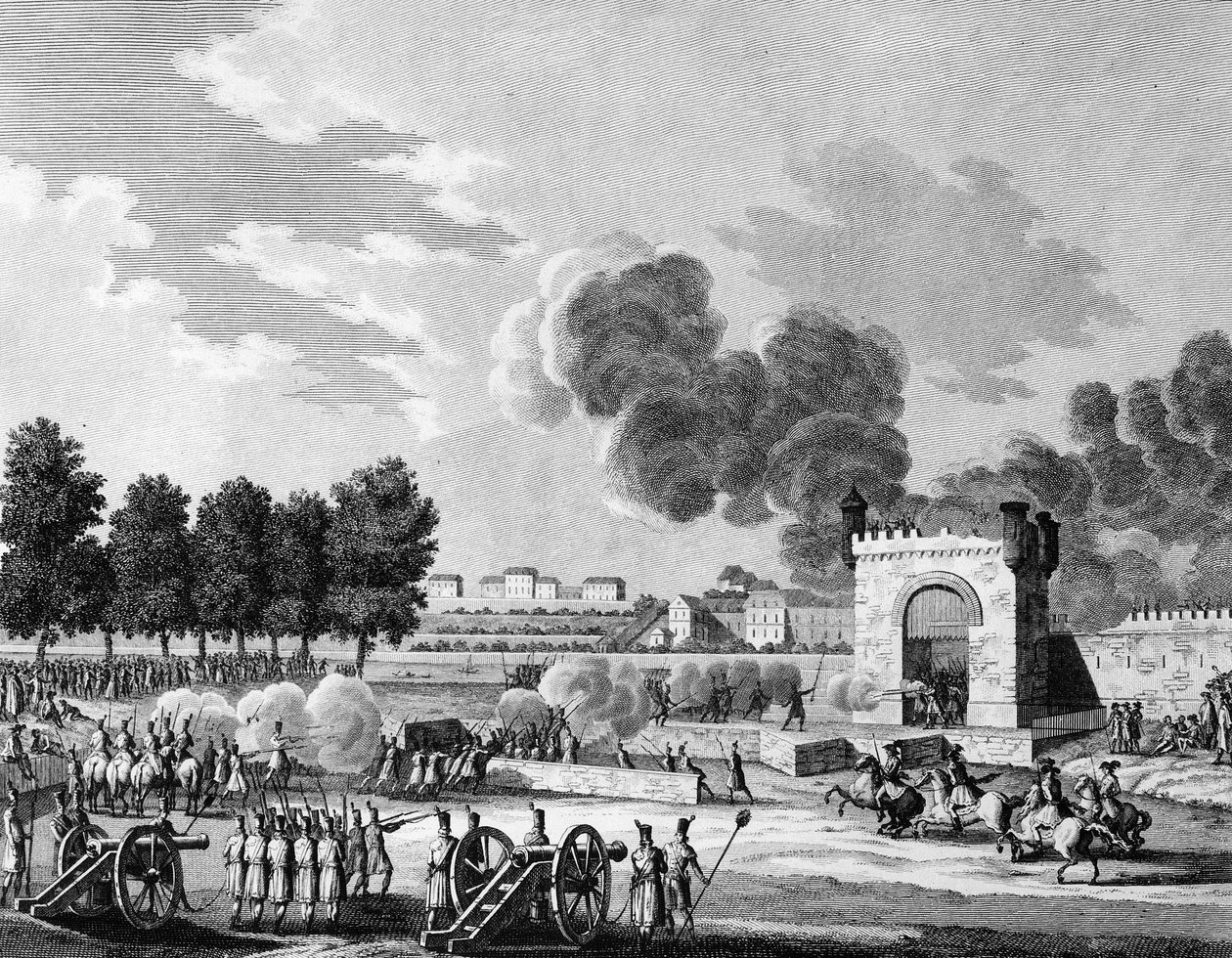Fransk revolusjon: Republikansk fete des victoires, kamp mellom unge studenter ved Champs de Mars i Paris 21. oktober 1794. Gravering av Malapeau etter Swebach - Desfontaines. Paris, bibliotek ved Institutt for revolusjonshistorie av Joseph (after) Swebach Desfontaines