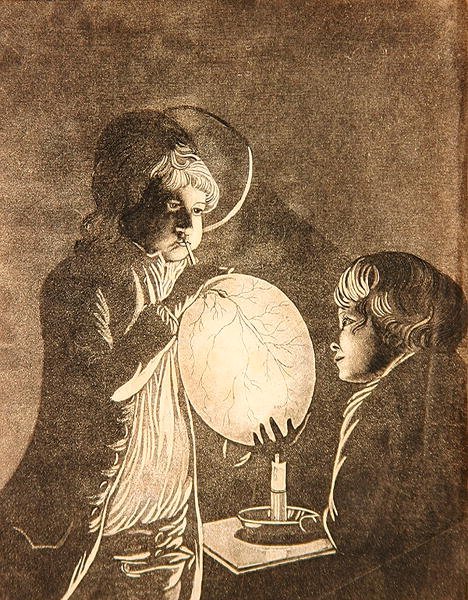 Two Boys Blowing a Bladder by Candlelight, aquatinted av Peter Perez Burdett (1735-93) (akvatint) av Joseph (after) Wright of Derby
