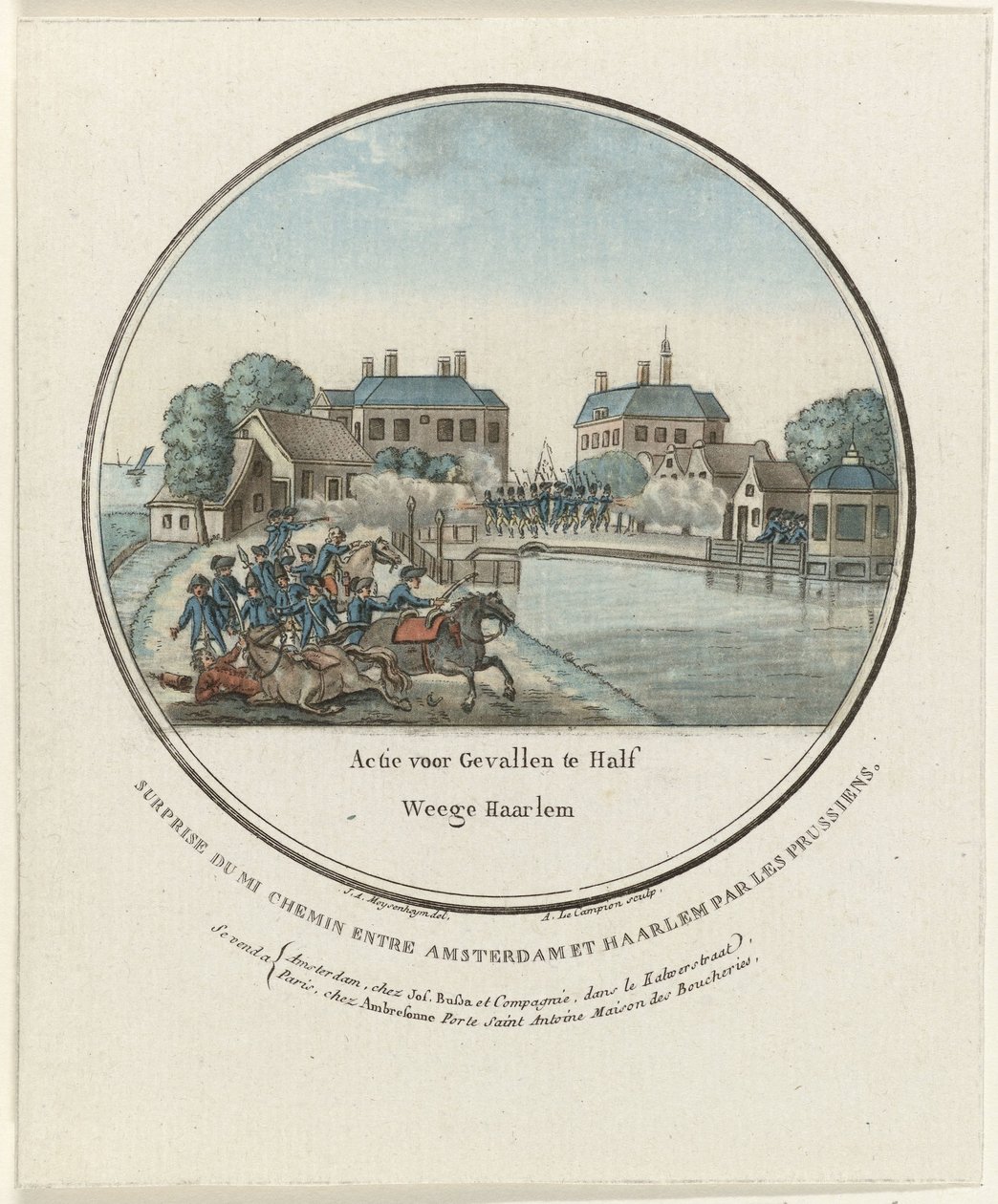 Angrep på Halfweg, 1787 Action for Gevalle i Half Weege Haarlem / Surprise du mi chemin entre Amsterdam et Haarlem par les Prussiens (tittel på objekt) Franske plater av de prøyssiske angrepene på Amsterdam i 1787 (serietittel) av Joseph Alexandre Le Campion