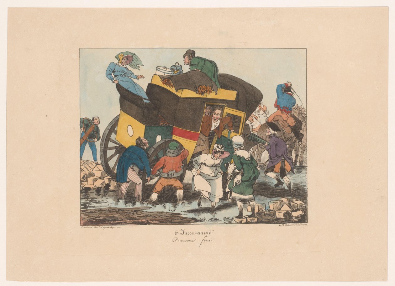 Omnibuss med passasjerer fast i gjørma Dévouement force (tittel på objekt) Ubehag (serietittel) Upraktisk (serietittel på objekt) av Joseph Ambroise Jobard