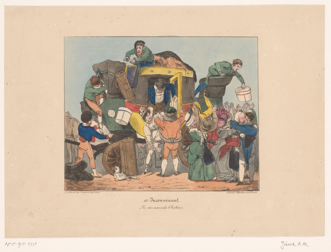 Passasjerer går av fra en omnibus etter hjemreise Les douceurs du retour (tittel på objekt) Ubehag (serietittel) Upraktisk (serietittel på objekt) av Joseph Ambroise Jobard