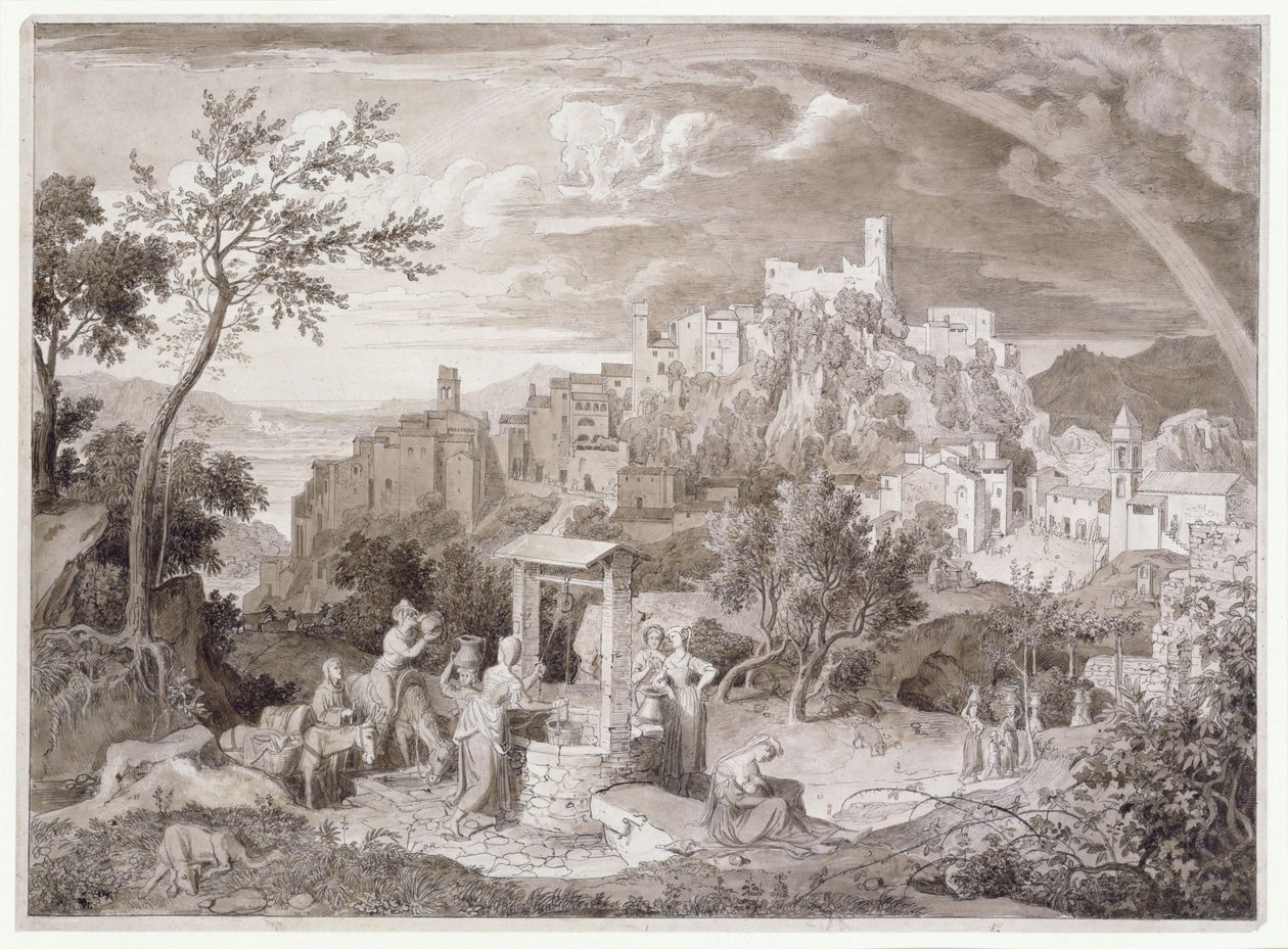 Utsikt over byen Olevano, provinsen Roma, Italia, med regnbuen av Joseph Anton Koch