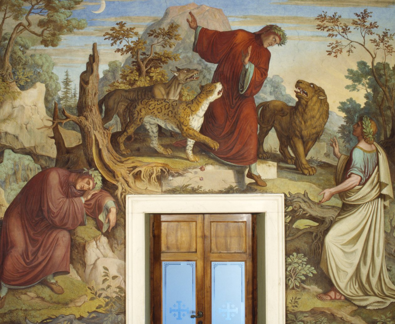 Dante sover, angrepet av ville dyr og møter Virgil av Joseph Anton Koch
