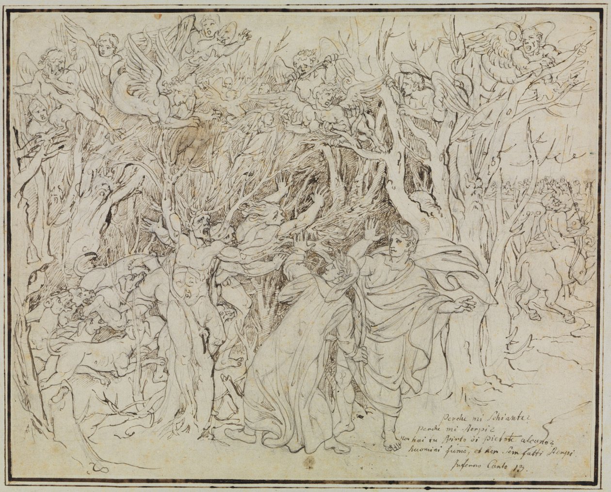 Dante og Vergil i selvmordernes skog (Dantes Inferno, sang 13) av Joseph Anton Koch
