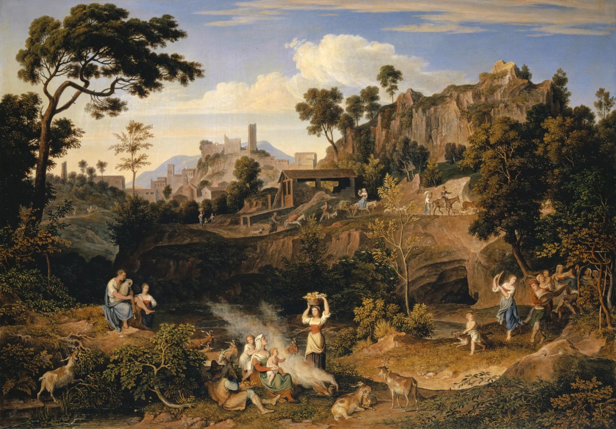Landskap nær Olevano med en parade av dansende bønder, 1823-24 av Joseph Anton Koch