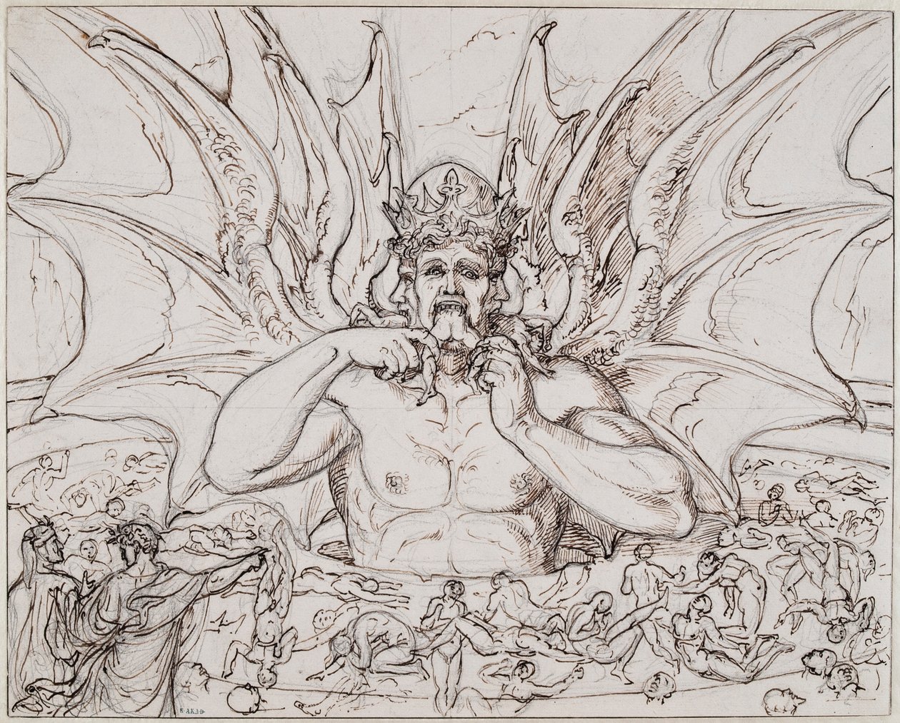 Lucifer i sentrum av helvete. Illustrasjon til den guddommelige komedie av Dante Alighieri, ca 1803. av Joseph Anton Koch